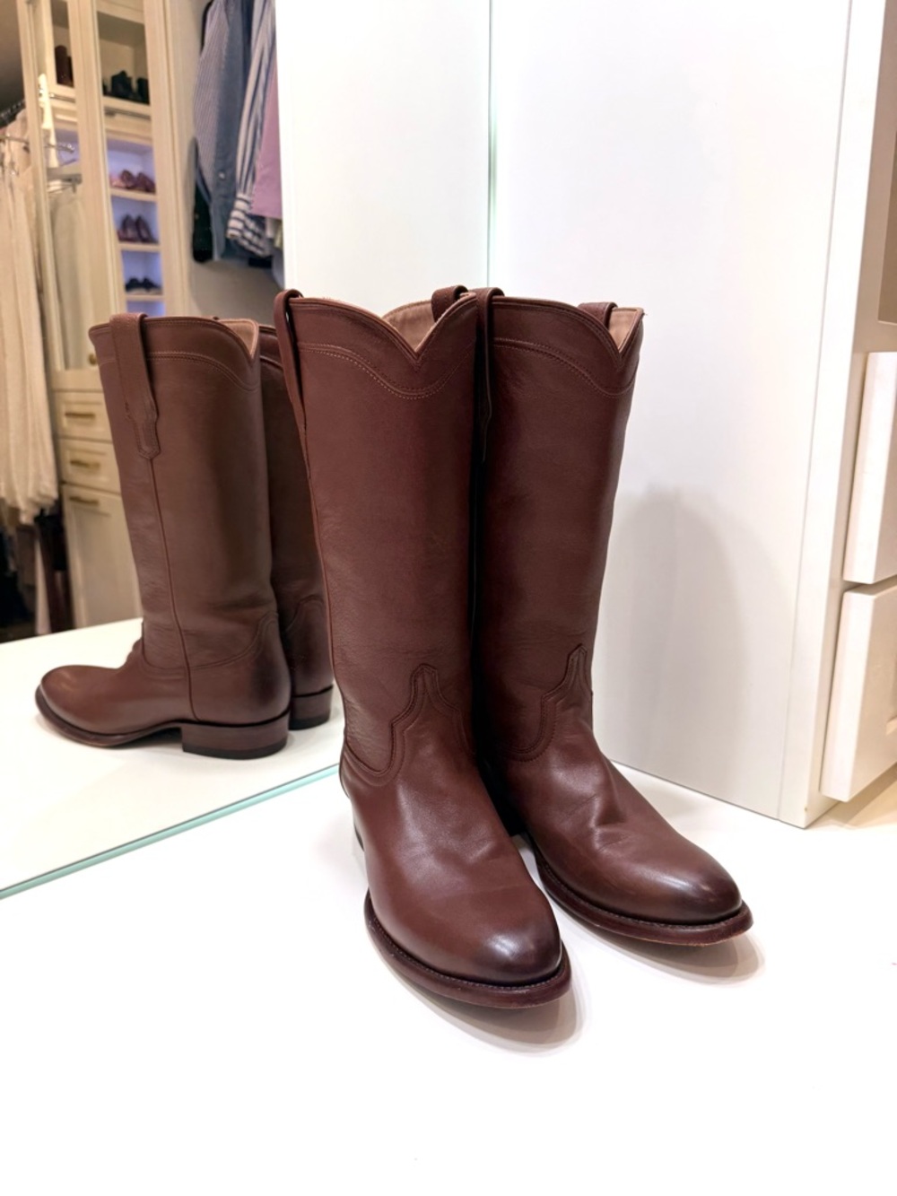 Tecovas Tan and Brown Leather Wide Cowboy Boots - Picture 3 of 8